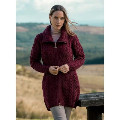 Ladies Merino Wool Double Collar Aran Zipper Coat Wine